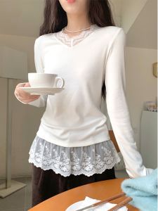 เสื้อยืดแขนยาวผู้หญิง ผ้าขนแกะ ทรงเข้ารูป เสื้อชั้นใน ทรงเข้ารูป เสื้อผ้าทำงาน สไตล์เกาหลี ปกโปโล คอกลม ฤดูใบไม้ผลิ
