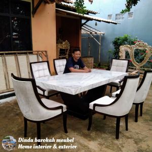 MEJA MAKAN VINTAGE SET 6 KURSI KAYU JATI TOPTABLE MARMER IMPORT MODERN BERKUALITAS