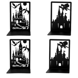 ชั้นวางหนังสือโลหะสีดําที่สร้างสรรค์พร้อมดีไซน์ปราสาทและมังกร ที่ให้หนังสือกันลื่นสําหรับผู้ที่ชื่นชอบแฟนตาซี