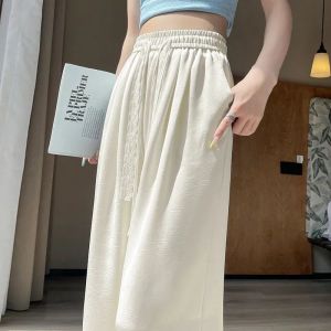 กางเกงขายาวทรงหลวมเอวสูงผ้าซาตินอะซิเตทสำหรับผู้หญิงในช่วงฤดูร้อน กางเกงขายาวทรงตรงทรงหลวมเอวยางยืดบาง