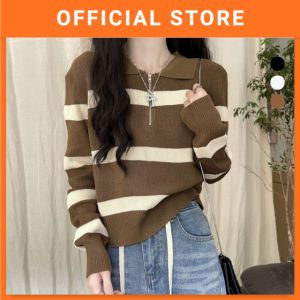 Women Striped Long Sleeve Loose Fit Shirt Zipper Polo Collared Sweater Baju Perempuan Lengan Panjang