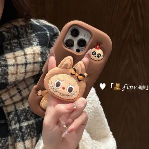 💗Internet celebrity trend+In stock+COD Monsters Labubu Cover With Stand Holder Soft Silicone Case for iPhone 16 15 14 Plus 13 12 11 Pro Max