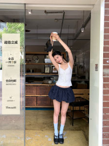 ThreeH Blooming Cake Skirt Dark Blue A-Line Half Skirt Women Summer Natural Waist Short Cotton Polyester Padded Design Skirt