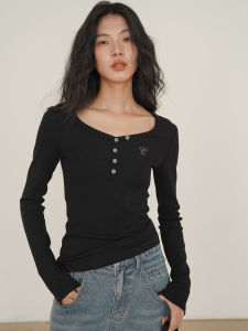 EIGHTHMONTH Womens Black Long Sleeve Knitted Slim Fit Base Shirt T-shirt Autumn New Style Commute Simple Style Cotton Blend