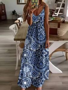 Printed Design Blue White Geometric Mandala Pattern Four Seasons elegant style casual style sling dress