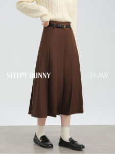 Brown Autumn High Waist Wide Loose Hiding Hips Pleated A-Line Skirt
