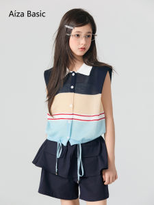 Aiza basic | Sleeveless Collar Contrast Color Girls Blouse