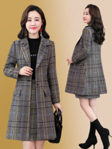 เสื้อสูทผ้าขนสัตว์ลายสก็อตทรงสลิมฟิตสำหรับผู้หญิง ชุดสองชิ้น เสื้อโค้ทและกระโปรง ฤดูใบไม้ผลิ ฤดูใบไม้ร่วง ฤดูหนาว 2025 ใหม่ เสื้อโค้ทผู้หญิง