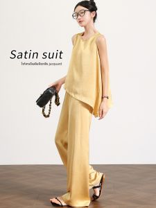 กางเกงขายาวผ้าซาตินไหมน้ำแข็งเอวสูงทรงหลวมสำหรับผู้หญิง กางเกงขายาวผ้าอะซิเตทบางใหม่สำหรับฤดูร้อน 2025 ชุดเสื้อผ้าทำงานสไตล์จีน