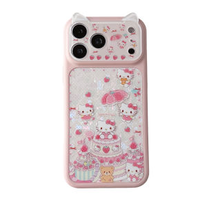Sanrio | Pink Frame 3D Cat Ear Hello Kitty Strawberry Cake Print Case Sparkle Anti-fall Protector For iPhone 151617 Pro Max Girl Gift
