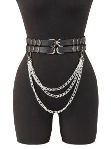 Womens Double-Snap Chain Belt Black PU leather belt with decorative silver chain details Adjustable punk-inspired design