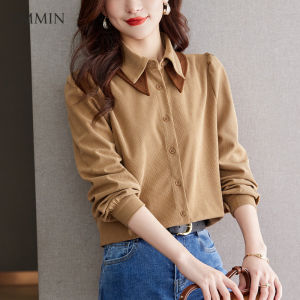 AMMIN 2023 autumn new fashion double contrast color lapel fashion single breasted cardigan corduroy shirt female Korean style solid color career OL elegant blouse