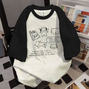 Pure Cotton American Style Chinese Fad Stylish Print Heavy Weight Short Sleeve T-Shirt Womens Summer New Arrival Loose Easiest for Match Patchwork Top