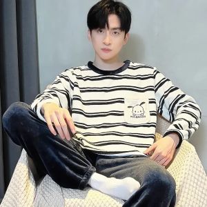 Bộ Đồ Ngủ Nam Mùa Thu Đông Dày Lông Cừu Nhung Họa Tiết Hoạt Hình Mặc Nhà Thoải Mái Thoáng Khí Quần Áo Mặc Nhà