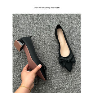 Spring 2025 Black Work Shoes Comfortable Non-Slip Thick Heel Pointed Toe Womens Low Heel Single Shoes Fashionable Korean Style