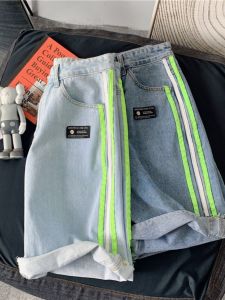 Quần Short Denim Nam Mùa Hè 2024 Quần Thể Thao Chạy Bộ Ngoài Trời Quần Dài Đến Đầu Gối 3 Sọc Màu Xanh Nhạt