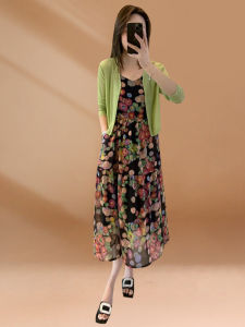 ชุดเดรสแขนยาวลายดอกไม้สไตล์ฝรั่งเศสสำหรับผู้หญิงในฤดูร้อน ชุดสองชิ้นพร้อมเสื้อคาร์ดิแกนกันแดด เสื้อผ้าทำงานระดับไฮเอนด์สำหรับวัย 25-35 ปี