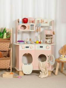 KiddieStore Wooden Kitchen + Coffee Machine Pretend Playset (include accessories)