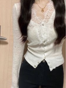สีขาว ลูกไม้ Trim คอวี เซ็กซี่ สลิมฟิต ถักเปิด คาร์ดิเกน ผู้หญิง ฤดูใบไม้ร่วง ฤดูหนาว เสื้อด้านในเสื้อโค้ทระดับไฮเอนด์ขนาดใหญ่