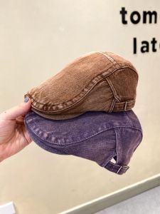 หมวกเบลาส์สไตล์ย้อนยุคสำหรับผู้หญิง สีม่วงเดนิม ทรงแคนดี้ ฤดูใบไม้ผลิและฤดูใบไม้ร่วง หมวกเบลาส์ทรงสี่ฤดู หมวกเบลาส์ทรงเรขาคณิต