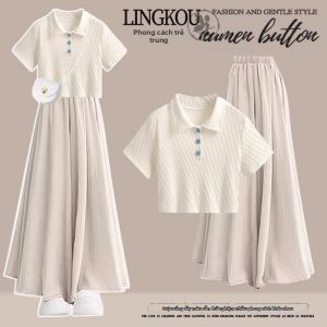 NUMEN BUTTON | Bộ Quần Áo Dáng Rộng Cao Waist và Áo Thun Knit Dễ Thương