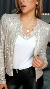 Womens Cardigan Long Sleeve Shiny Sequin Coat Open Front Casual Female Jacket S6-GTM-SG