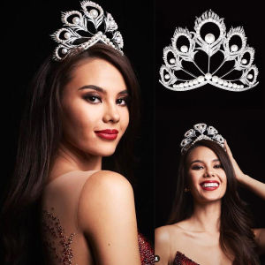 Miss Universe Crown Round Pearl Peakcock Feather Tiara Rhinestone Pageant Prom Crowns Bridal Wedding Hair Accessories Jewelry