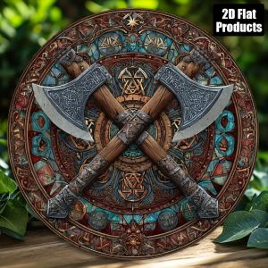 Viking Axe Metal Wall Decor - 8X8 Inch Circular Aluminum Plaque for Home Bar Cafe Office Halloween Christmas Gift