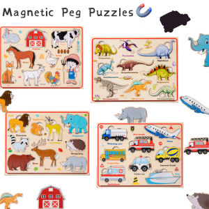 Wooden Magnetic Peg Puzzles for Toddlers 1-3-Montessori Farm Animal Dinosaur Traffic Puzzles Toy for Kids 2-4 Years Old-Toddler Learning Toys– Preschool Educational Puzzles Gift for Boy and Girl Fridge Magnet