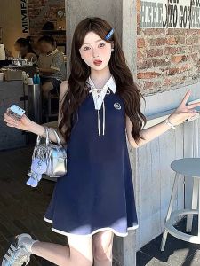 Váy Polo Thêu Cổ Polo Mùa Hè Cho Nữ Dáng Chữ a Cạp Cao Không Tay Màu Xanh Rộng Rãi Chất Liệu Khác