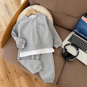 Childrens Sweatshirt Set Long Sleeve Sportswear for Boys And Girls Spring Autumn Gray Pantsuit Baby Toddler Clothing Kit