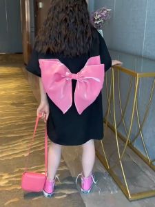 เสื้อผ้าเด็กผญ ชุดเดรสเด็กผู้หญิง WANDER ตกแต่งโบว์แฟชั่น เสื้อยืดแขนสั้นสไตล์เกาหลีความยาวปานกลาง 2374