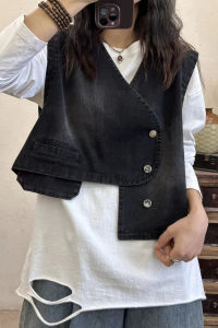 Fashionable Uneven Sleeveless Denim Jacket Womens Vest Spring Summer New Korean Style Versatile Outerwear V-Neck Button Detail