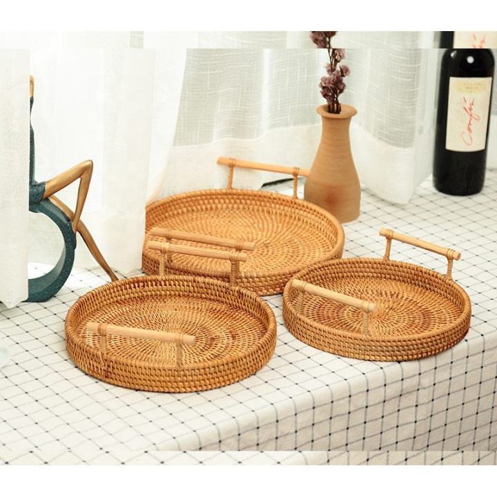 Round Rattan Tray With Handle Woven Basket Food Decoration Tray ...