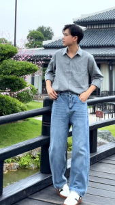 Quần jean quần bò nam nữ ống rộng cạp thường SUN T9 WASH XANH mặc thoải mái dễ phối đồ phong cách hàn quốc