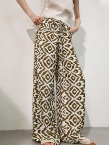 Miccbeirn | Silk Wide Leg Pants Straight Cut Casual Holiday Loose Elastic Waist Draped Durable Comfortable Breathable Fashionable Trousers