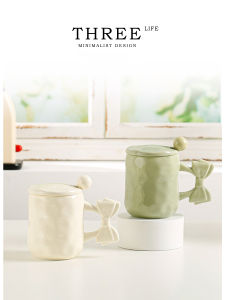 Tlife Qingyu Ceramic Mug with Handle Lid And Spoon Nordic Style Adult Home Use Pure Color Glazed under Color from China