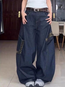 Celana Jeans Wanita Panjang Pinggang Tinggi Lurus Biru Klasik Retro Ukuran Besar Saku Besar