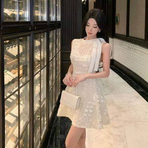 Summer Luxury Texture Waist-Cinching Sleeveless Dress Elegant High Waist A-Line Gown Floor-Length Midi Dress for Women
