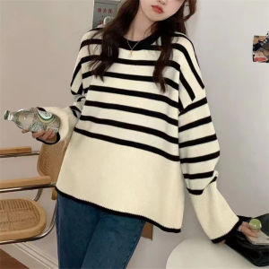 24hours delivery Fashion Round Neck Striped Pullover Sweater Casual Striped Loose Collar Bottoming Knit Top Women