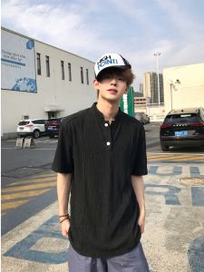 ZHUOCAN | Áo Thun Henley Kiểu Dệt Nhẹ Chất Lụa Đen Vân Gỗ
