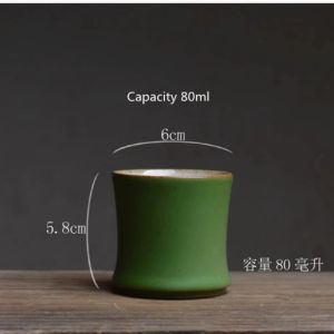 80ml Chinese Ceramic Tea Cup with Bamboo Holder Green Glaze Kung Fu Gongfu Tea Set for Tea Ceremony Zen Meditation Home Use Gift