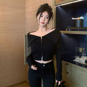 Chic Early Autumn One-Shoulder Long Sleeve Knitted Base Shirt Womens Design Short Double Zipper Sweet Style Pure Color Sweater