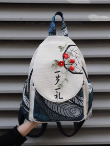 Handmade Ethnic Style 3D Flower Canvas Backpack Lightweight Double Shoulder Bag with Zipper Closure and Inner Pockets for Casual Use