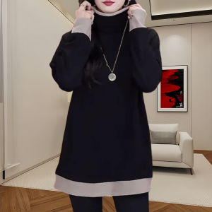 Fake Two-Piece Turtleneck Long Sleeves Bottoming Shirt Womens Winter New Arrival Colorblock Mid-Length Minimalist Fashion Loose All-Matching Top