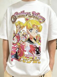Bandai | Beautiful Girl Warrior Water Ice Moon Printed T-shirt Back Trend Casual Summer Mens and Womens T-shirt Street Style