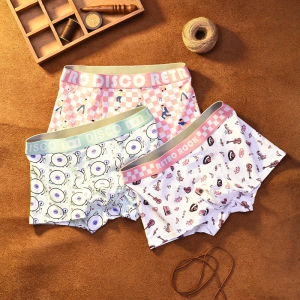 กางเกงบ็อกเซอร์ชายผ้าฝ้ายแท้พิมพ์ลายสปอร์ตเอวกลาง กางเกงชั้นในชายทรงสี่เหลี่ยมสบายๆ ระบายอากาศได้ดี 3 ตัว