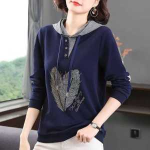 Pure ผ้าฝ้าย มีฮู้ด เสื้อยืดประดับเพชร หลวม แขนยาว ฤดูใบไม้ผลิ ฤดูใบไม้ร่วง สไตล์สําหรับผู้หญิงอายุ 40-49 ปี เสื้อชั้นใน