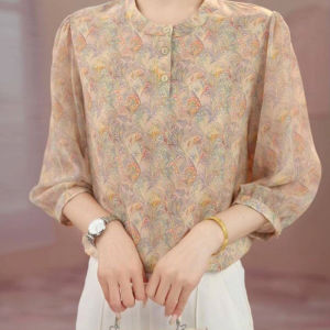 DAIXIANGFEIZI | Floral Chiffon Shirt 7/8 Sleeve