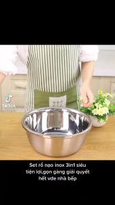 Bộ rổ chậu Inox Thau rổ bào rau củ đa năng 3 trong 1 tiện dụng Đường kính 26cm